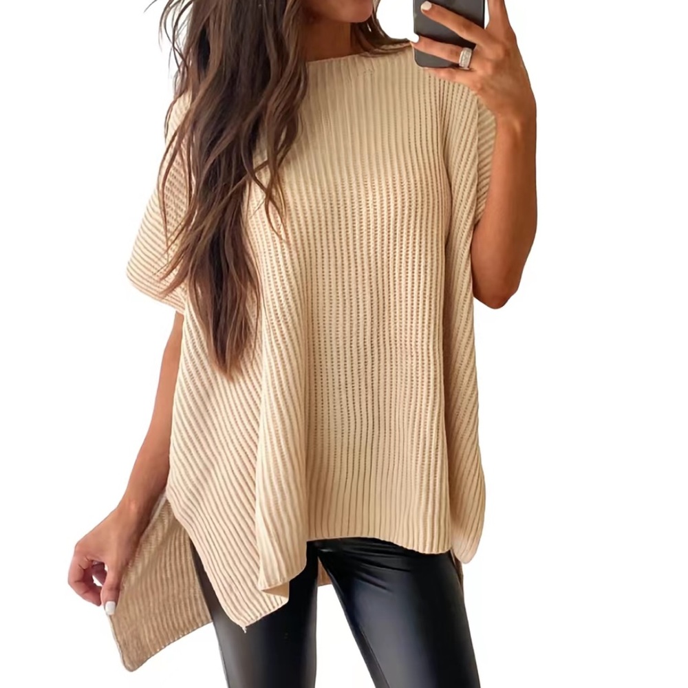 Oversized Cozy Ribbed Knit Top Women’s Crew Neck Short Sleeve Pullover